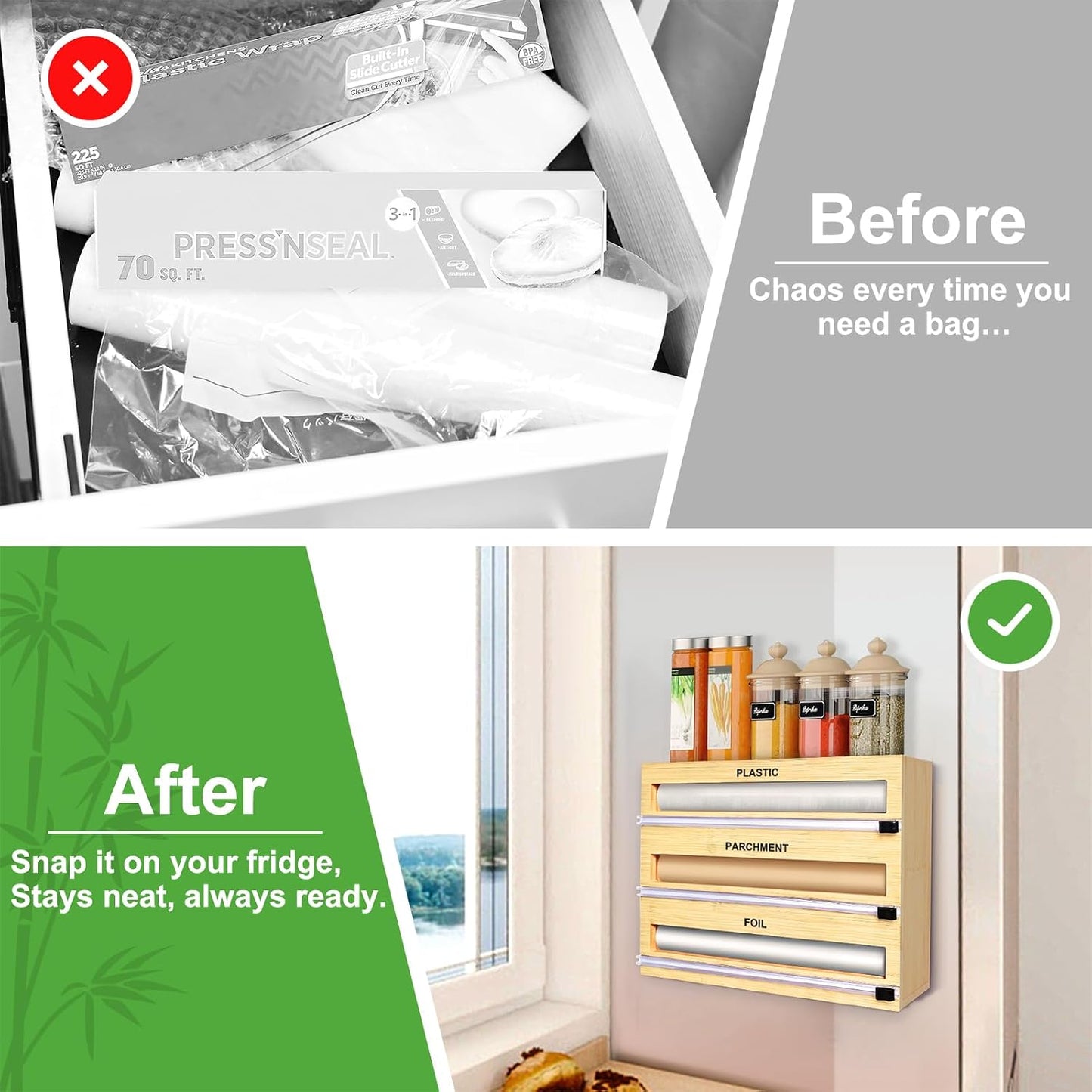 MSJGA Magnetic Plastic Wrap Dispenser with Cutter for Drawer&Refrigerator | 3 in 1 Fridge Bamboo Organizer for Tin Foil, Baking Paper, Wax Paper Holder Kitchen Storage Box Compatible,13" x 8.2" x 2.7"