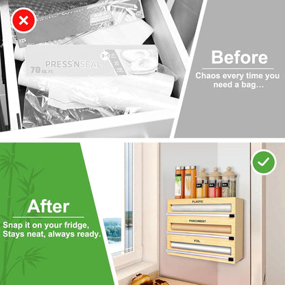 MSJGA Magnetic Plastic Wrap Dispenser with Cutter for Drawer&Refrigerator | 3 in 1 Fridge Bamboo Organizer for Tin Foil, Baking Paper, Wax Paper Holder Kitchen Storage Box Compatible,13" x 8.2" x 2.7"