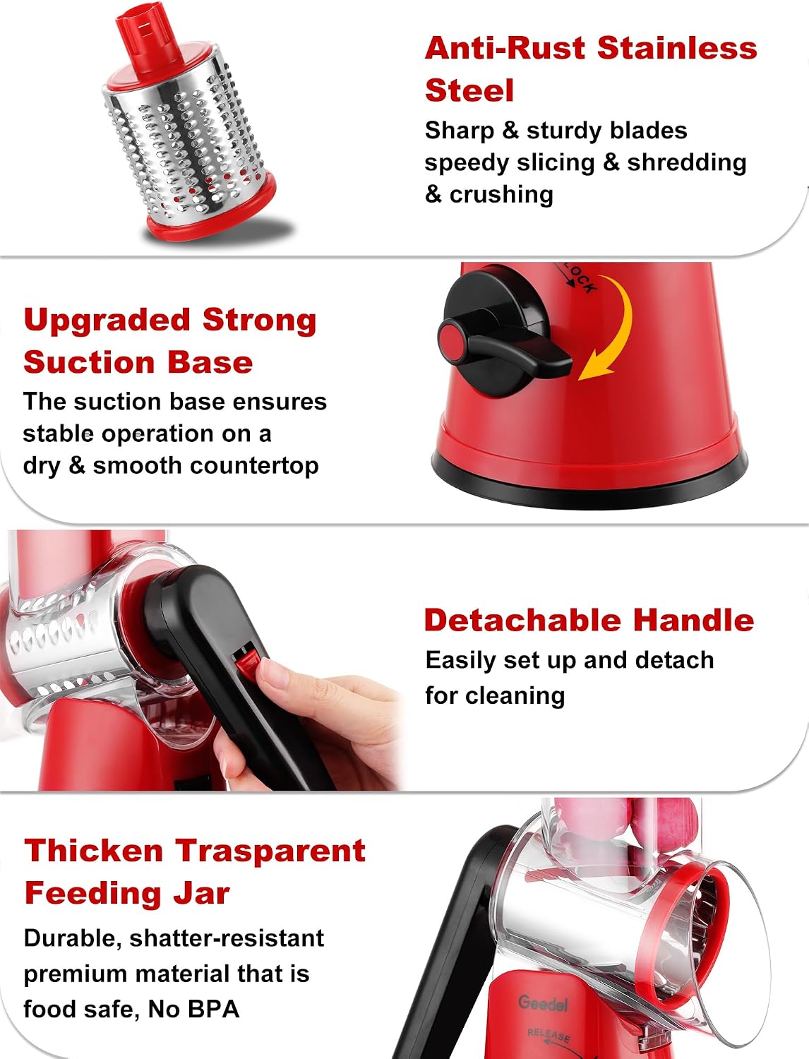 Geedel Rotary Cheese Grater, Kitchen Mandoline Vegetable Slicer with 3 Interchangeable Blades, Easy to Clean Rotary Grater Slicer for Fruit, Vegetables, Nuts | 3 Blades, 430 Stainless Steel, 12x Fast Cutting, Strong Suction Base, No BPA, Dishwasher Safe,