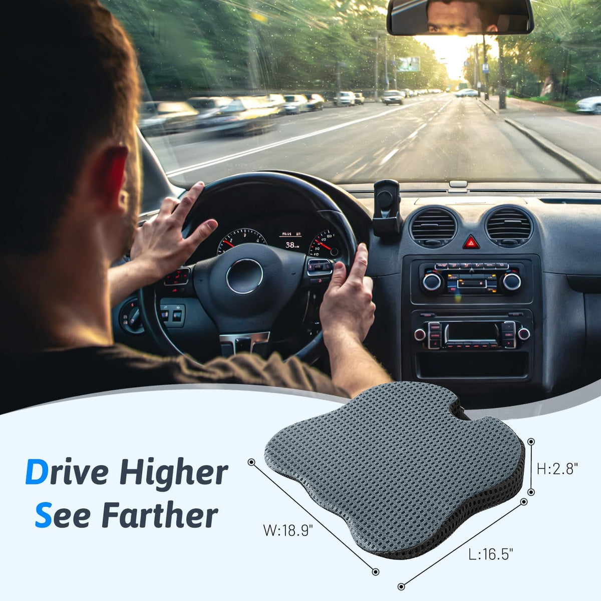 Wedge Car Seat Cushion for Better Visibility & Sciatica Pain Relief