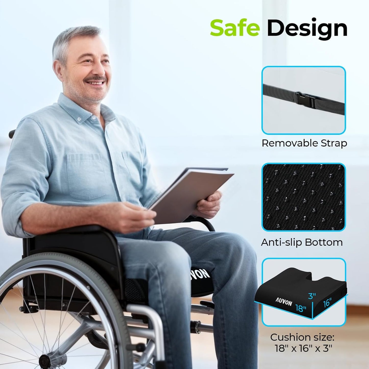 AUVON Gel Wheelchair Seat Cushion with Waterproof Cover, Anti-Sore & Ulcer | Ergonomic Chair Cushion with U-Cutout for Tailbone, Back Pain Relief, Memory Foam Cushion for Office, Anti-Slip, Buckle Strap