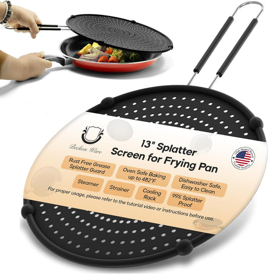 Beckon Ware 13-Inch Splatter Screen for Frying Pan, Silicone, USA Brand