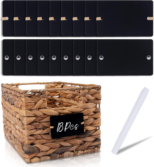 Temlum 18pcs Acrylic Basket Labels with Chalk Marker (Rectangle, Black) | Storage Tags, Removable Label for Wire, Wicker, Woven Baskets & Pantry Storage