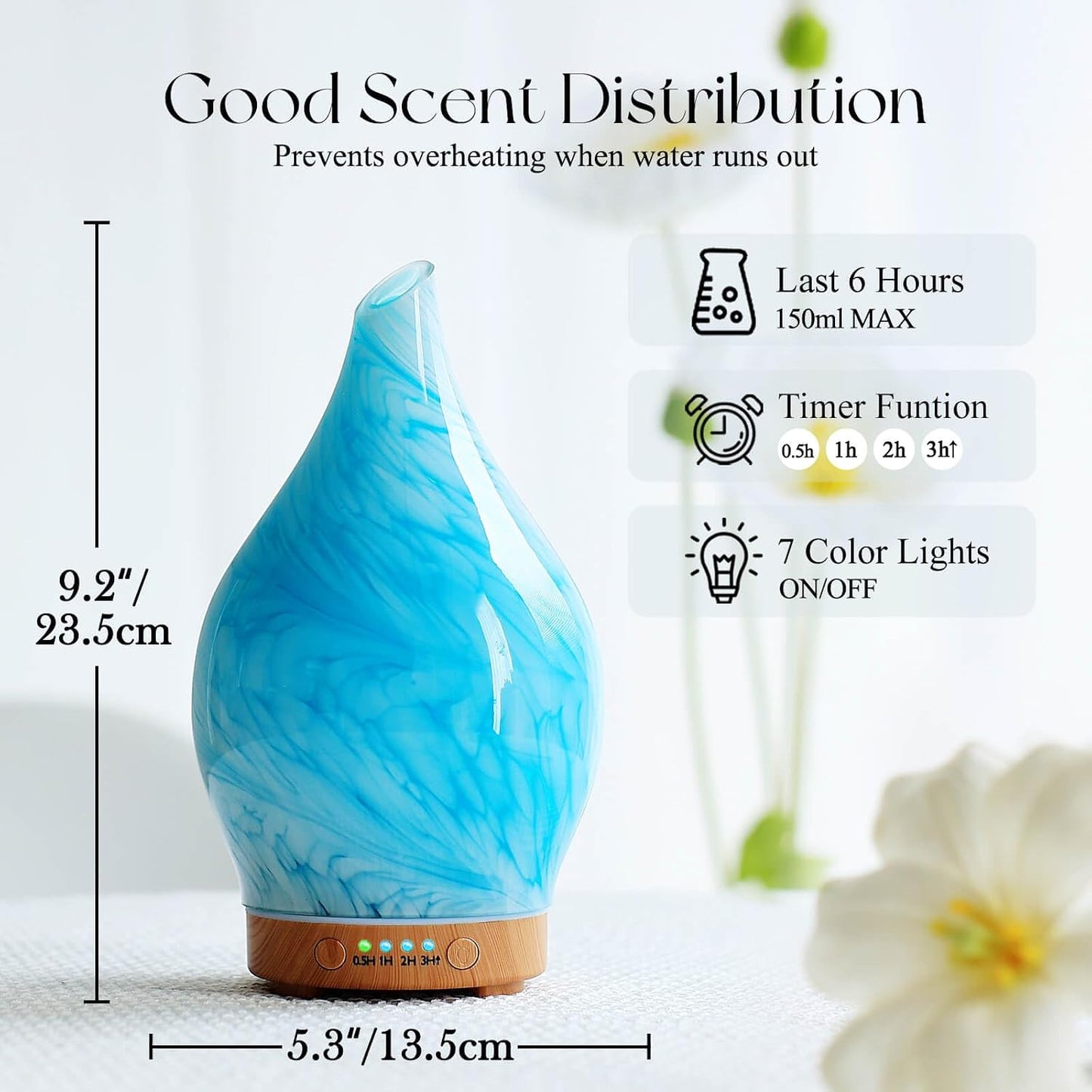 Porseme Oil Diffuser 3D Glass Aromatherapy Ultrasonic Humidifier, Air Refresh Auto Shut-Off, Timer Setting, BPA Free for Home Hotel Yoga Leisure SPA Gift 150ml Last 6H - Colors B