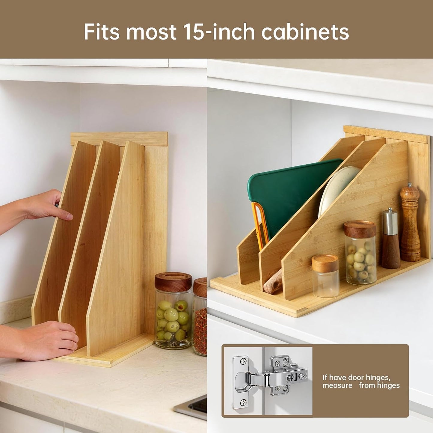 Tray Dividers for Kitchen Cabinets，cookie sheet divider for cabinet | (14"H x 21.3"D) - Bamboo Cabinet Organizer with 3 Dividers for Cookie Sheets, Baking Pans, Cutting Boards & Pot Lids