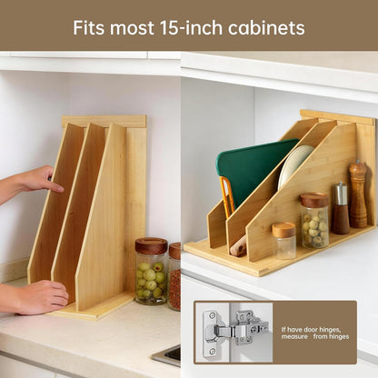 Tray Dividers for Kitchen Cabinets，cookie sheet divider for cabinet | (14"H x 21.3"D) - Bamboo Cabinet Organizer with 3 Dividers for Cookie Sheets, Baking Pans, Cutting Boards & Pot Lids