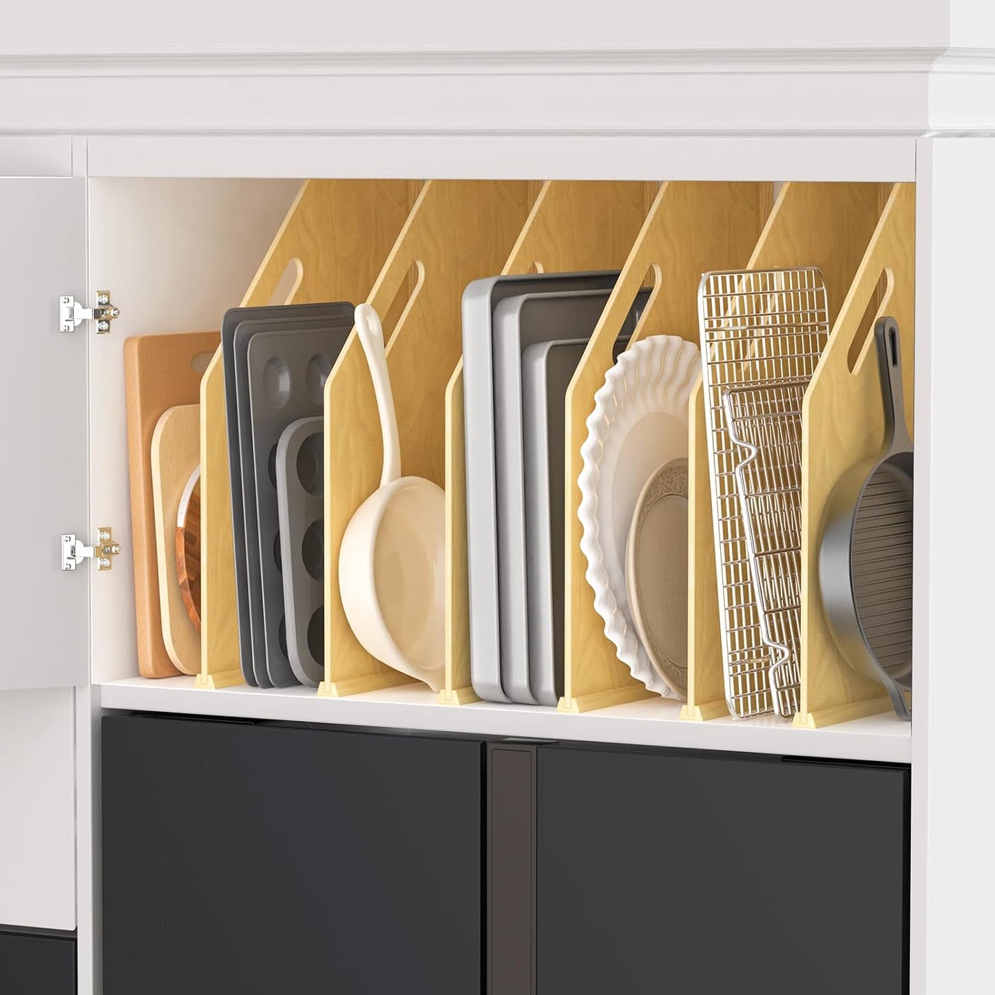 4 Pack Wood Tray Dividers for Cabinet, Cookie Sheet Organizer for Cabinet | No cutting required, Premium Wood, 2 Assembly Methods, Kitchen Cabinet Dividers for Storing pans, Baking tray, Cutting Board