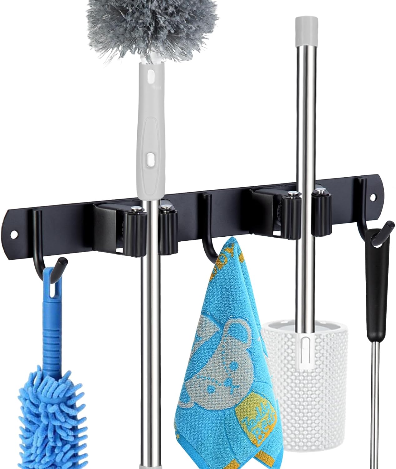 voze 5 Racks and 4 Hooks Mop and Broom Holder Wall Mount, Self Adhesive Heavy Duty Broom Hanger Organizer Storage Tool Racks for Kitchen Garden Laundry Garage