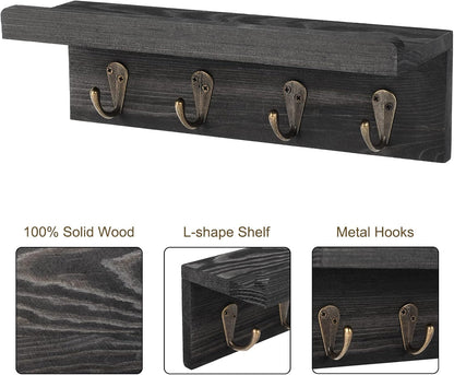 HRONRAD Rustic Key Holder for Wall, Farmhouse Wall Shelf with 4 Hooks, Wall Mounted Key Racks, Wooden Mail Organizer with Hooks for Entryway (Brown - Pine)