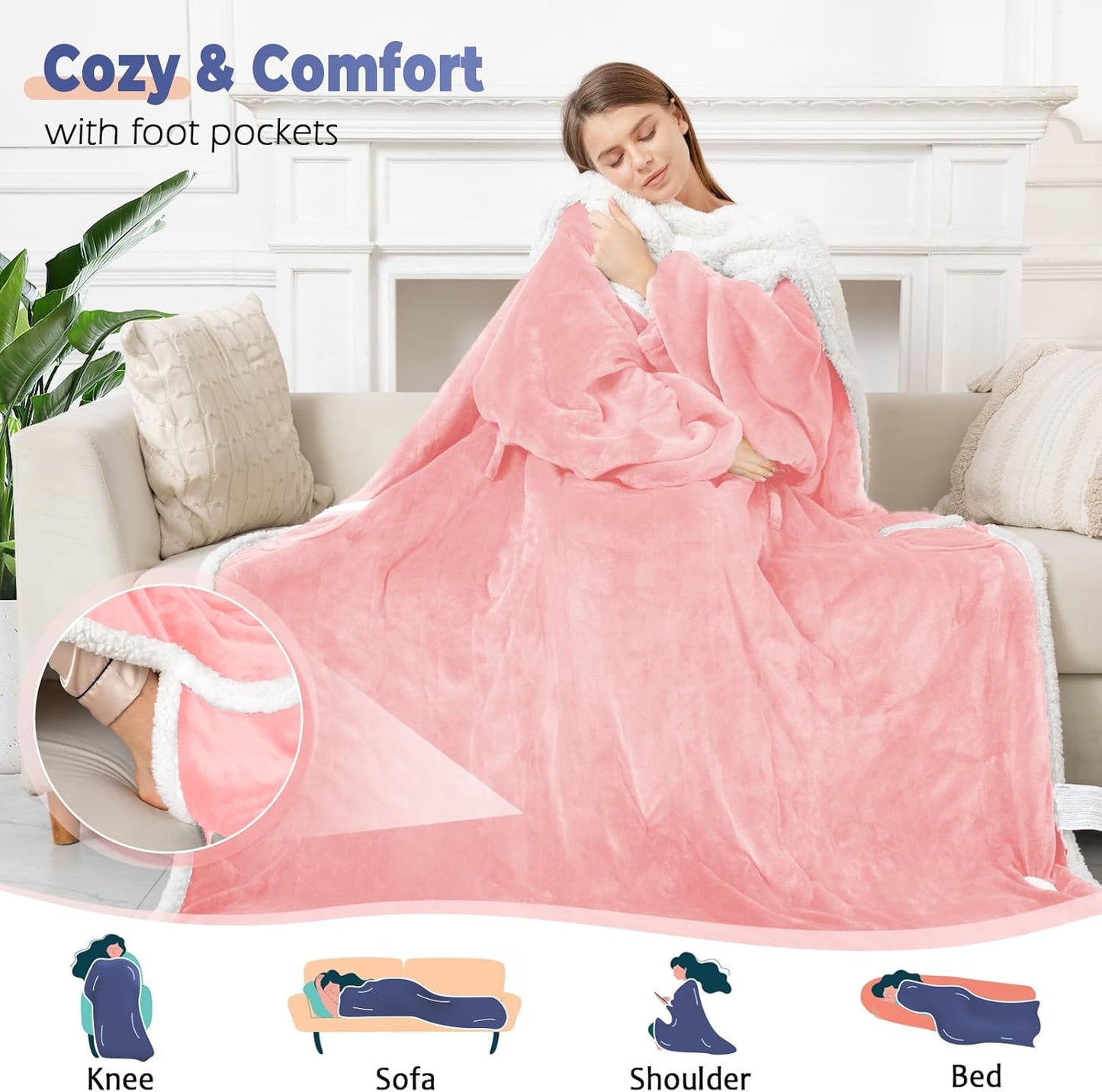 Wearable Heated Blanket with Foot Pocket, Electric Wearable Throw Blanket with Sleeves, Hood, Portable Heated Blanket with 8 Heat Settings, 1-10 Hours Auto Shut-off, Gift for Family, Friends, 50*70"