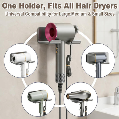 Universal Hair Dryer Holder Wall Mount, Blow Dryer Hanger with Plug Cord Organizer, No Drilling Self Adhesive for Bathroom Cabinet Door Vanity (1PCS, White)