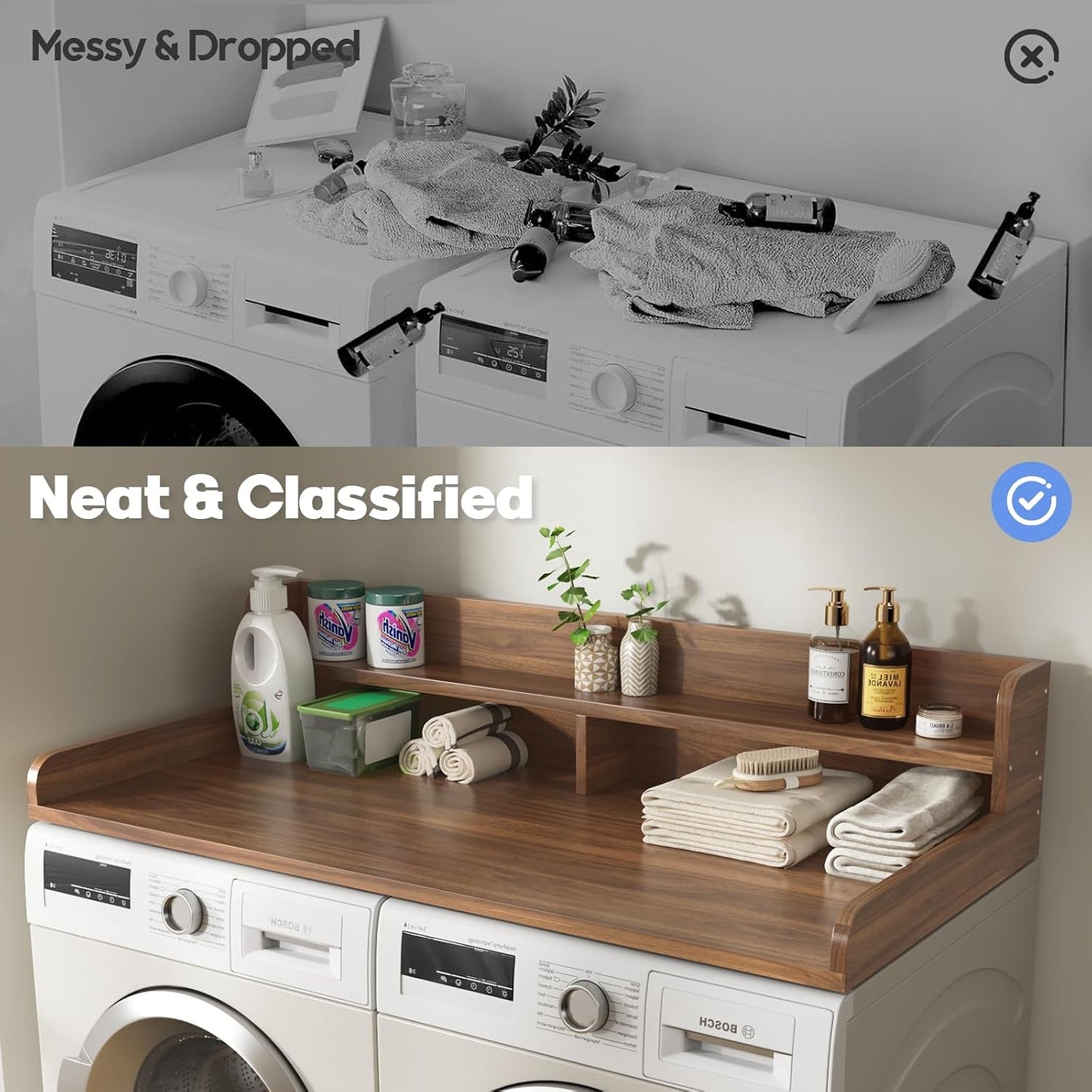 2-Tier Washer and Dryer Countertop with 2.75" H Guard,54" W x 27.5" D Laundry Countertop Cover with Non-Slip Pad,Large Space Laundry Topper for Folding Clothes Over Washer and Dryer-White