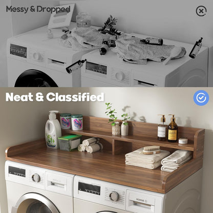2-Tier Washer and Dryer Countertop with 2.75" H Guard,54" W x 27.5" D Laundry Countertop Cover with Non-Slip Pad,Large Space Laundry Topper for Folding Clothes Over Washer and Dryer-White