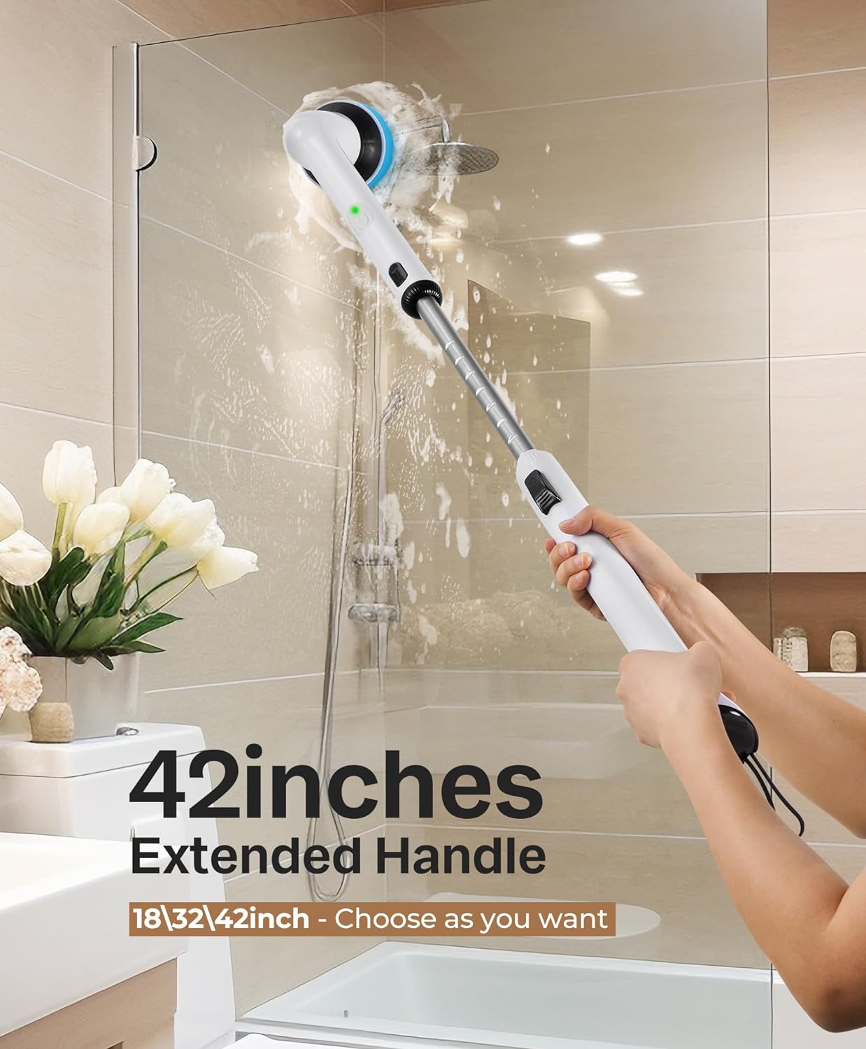 Electric Cleaning Brush, New Full-Body IPX7 Waterproof & 42inch Long Handle | Bathroom Cleaner Brush, Shower Scrubber, 3 Handle Lengths & 7 Heads Replacement, Cleaning Supplies for Tub Shower Tile Floor