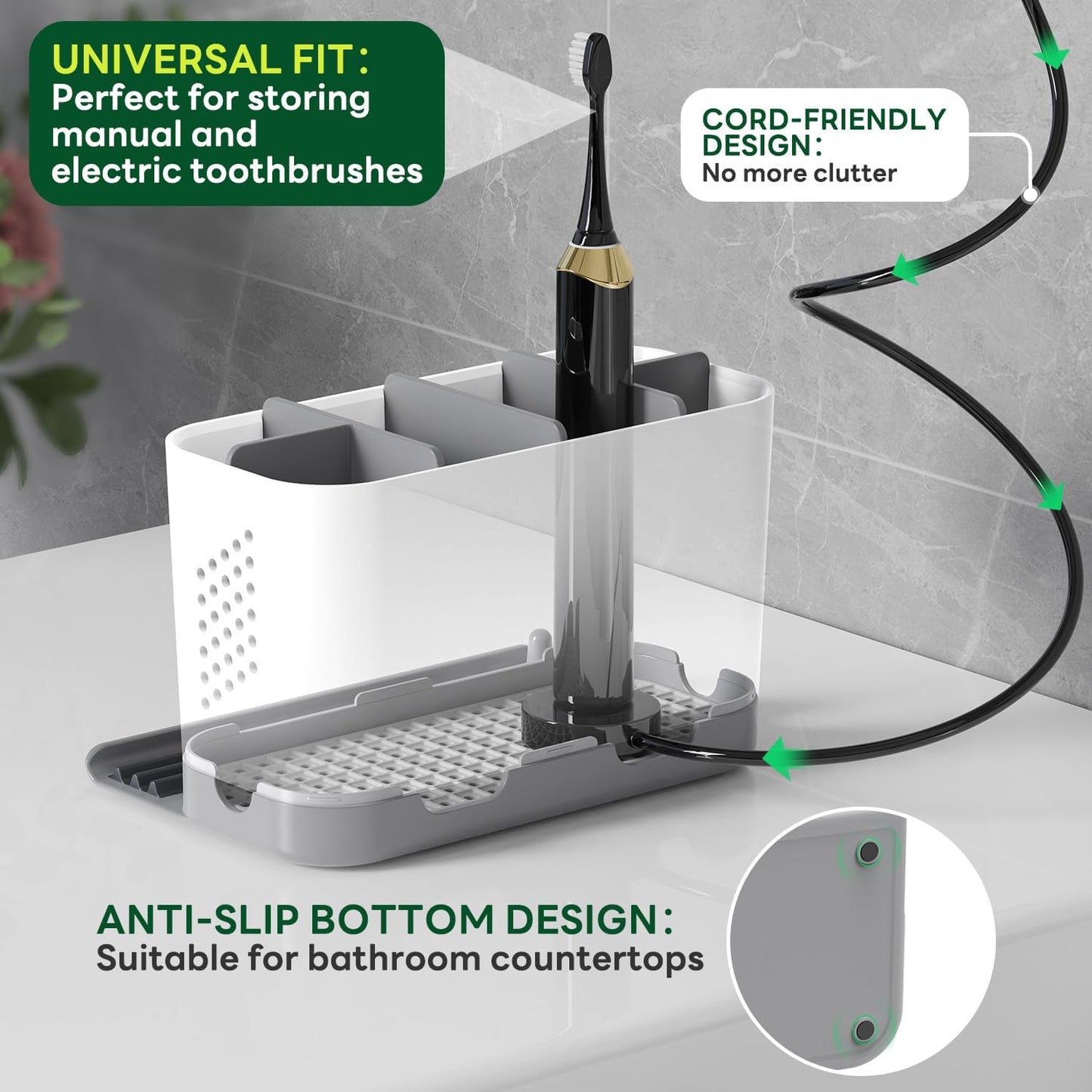 Bathroom Organizers and Storage 6 Slots Wood Grain Electric Toothbrush Holders with Phone Holder and Adjustable Dividers, Cord-Friendly Toothbrush Organizer with Drainage for Family, Kids