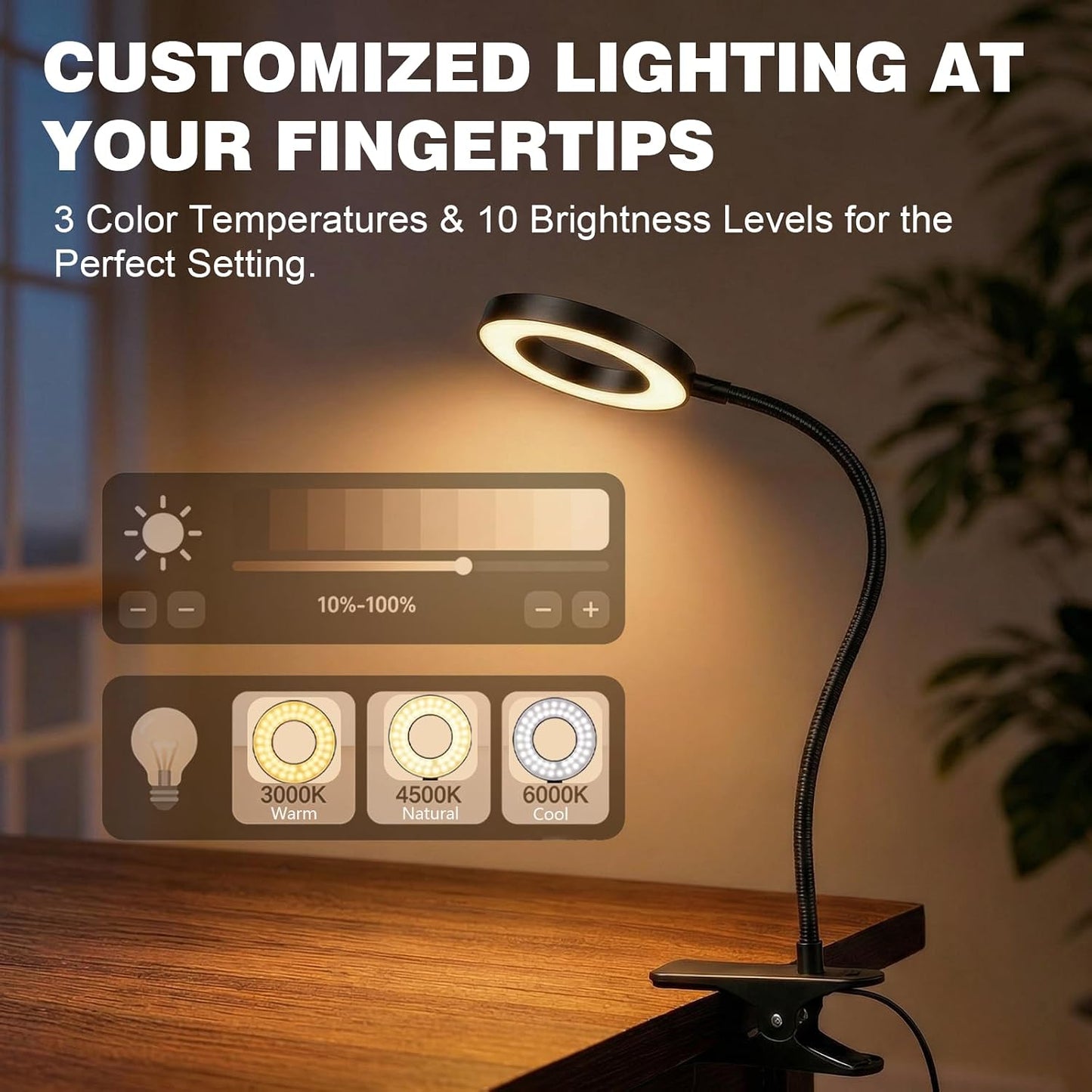 LED Desk Lamp with Clamp, Clip on Book Light for Reading | 48 LED,3 Colors & 10 Brightness, Aluminum 15" Gooseneck, Clamp Lamp, for Bed Headboard, Home Office, Dorm, Crafting