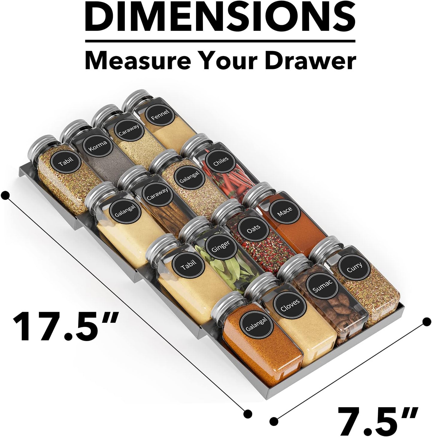 SpaceAid Spice Drawer Organizer with 28 Spice Jars, 386 Spice Labels, 4 Tier Seasoning Rack Tray Insert for Kitchen Drawers, 13" Wide x 17.5" Deep
