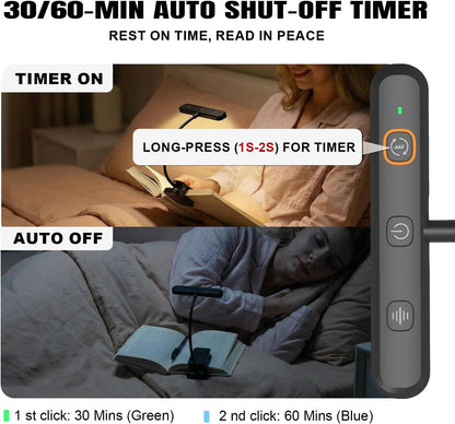 Rechargeable Book Light for Reading in Bed 25 LED - Eye Caring 15 Level Stepless Dimming, Extended 90Hrs Runtime, Lightweight Clip on Light, Gifts for Book Lovers, Black