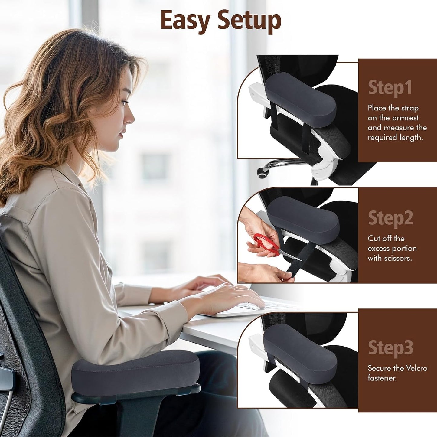 WdFour 2-Pack Non-Slip Armrest Pads for Office & Gaming Chairs - Ergonomic Forearm Support Pillow for Desk, Computer & Wheelchair, Pressure Relief Cushions (Black)