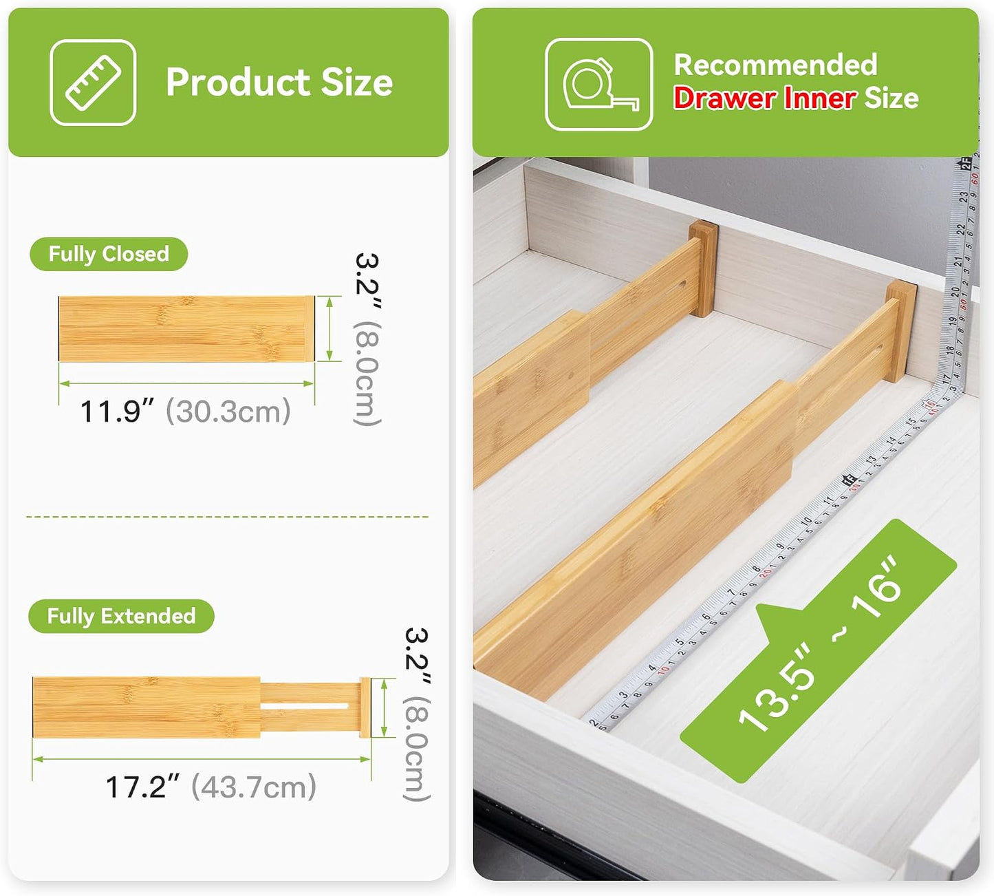 Utoplike 4 Pcs Bamboo Kitchen Drawer Dividers, Large Drawers Organizers | Adjustable Spring Loaded Expandable Organization, Works in Dresser, Bathroom, Bedroom, Office, Fit 17.8"-20.6" Drawer, 2.4"H