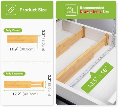 Utoplike 4 Pcs Bamboo Kitchen Drawer Dividers, Large Drawers Organizers | Adjustable Spring Loaded Expandable Organization, Works in Dresser, Bathroom, Bedroom, Office, Fit 17.8"-20.6" Drawer, 2.4"H