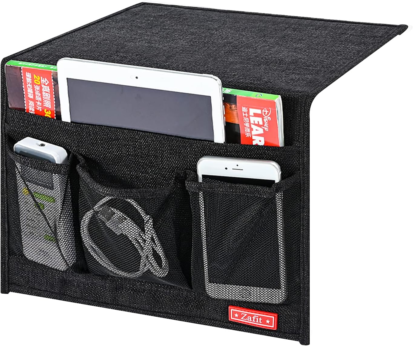 Zafit Linen 4 Pockets Bedside Caddy, Bedside Storage Organizer for Magazine, Remotes, Phone (Beige, Classic 4 Pockets)