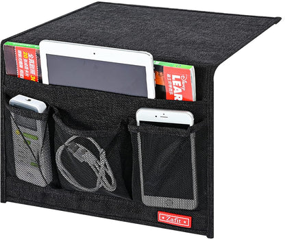 Zafit Linen 4 Pockets Bedside Caddy, Bedside Storage Organizer for Magazine, Remotes, Phone (Beige, Classic 4 Pockets)