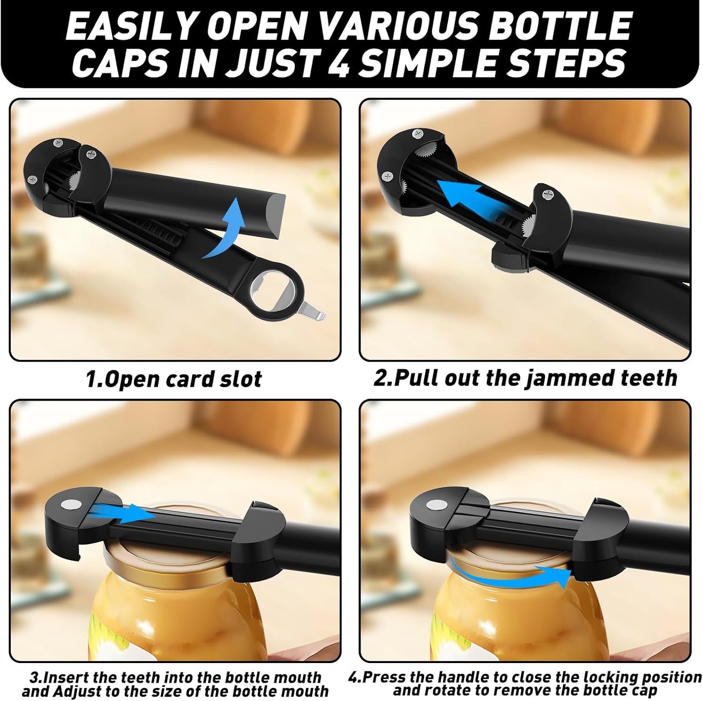 Jar Opener Bottle Opener for Seniors with Arthritis, Multi Retractable Magnetic Can Opener, Jar Grippers for Opening Jars, Kitchen Gadgets for Weak Hands and Senior Arthritis (Black)