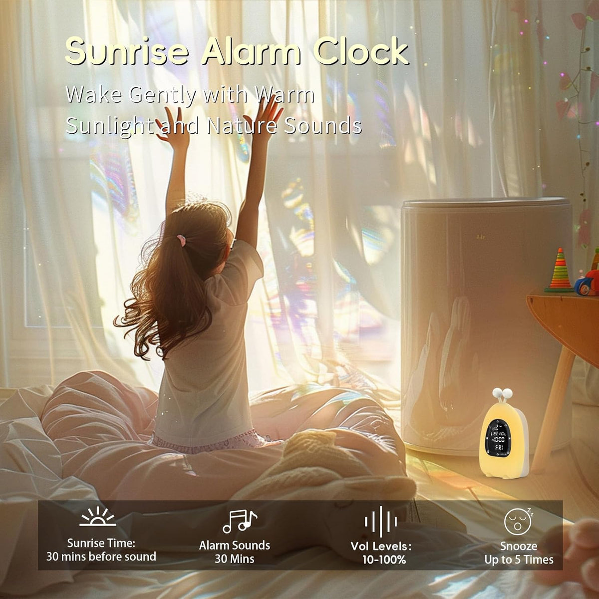 Sunrise Alarm Clock Wake Up Light, White Noise Sound Machine with 20 Soothing Sounds, 10 Night Lights, Wireless Speaker/Temp & Humidity/Rechargeable, Dimmable Clock Gift for Baby Kids Adults