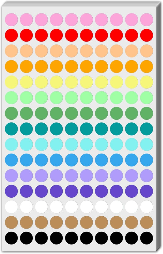 3000 Pack, 0.4" - Small Colored Dot Stickers Round Labels, 15 Colors