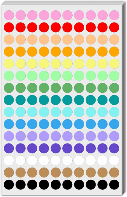 3000 Pack, 0.4" - Small Colored Dot Stickers Round Labels, 15 Colors