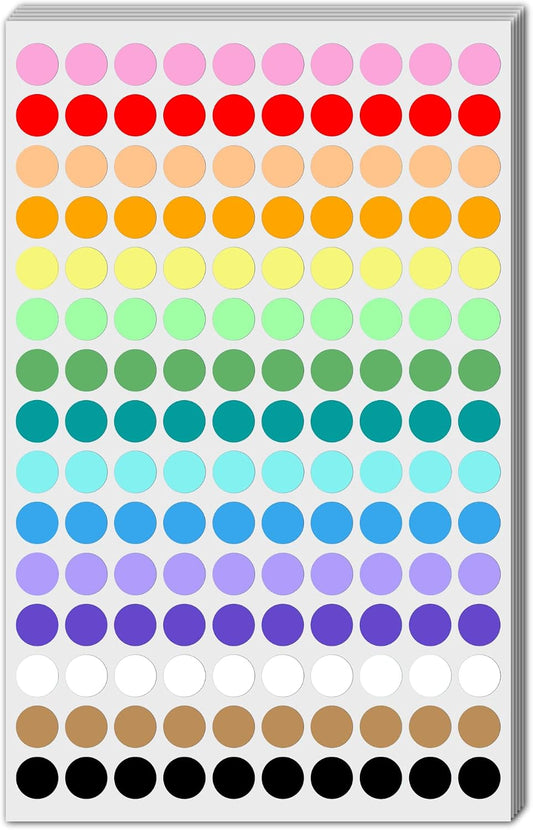 3000 Pack, 0.4" - Small Colored Dot Stickers Round Labels, 15 Colors
