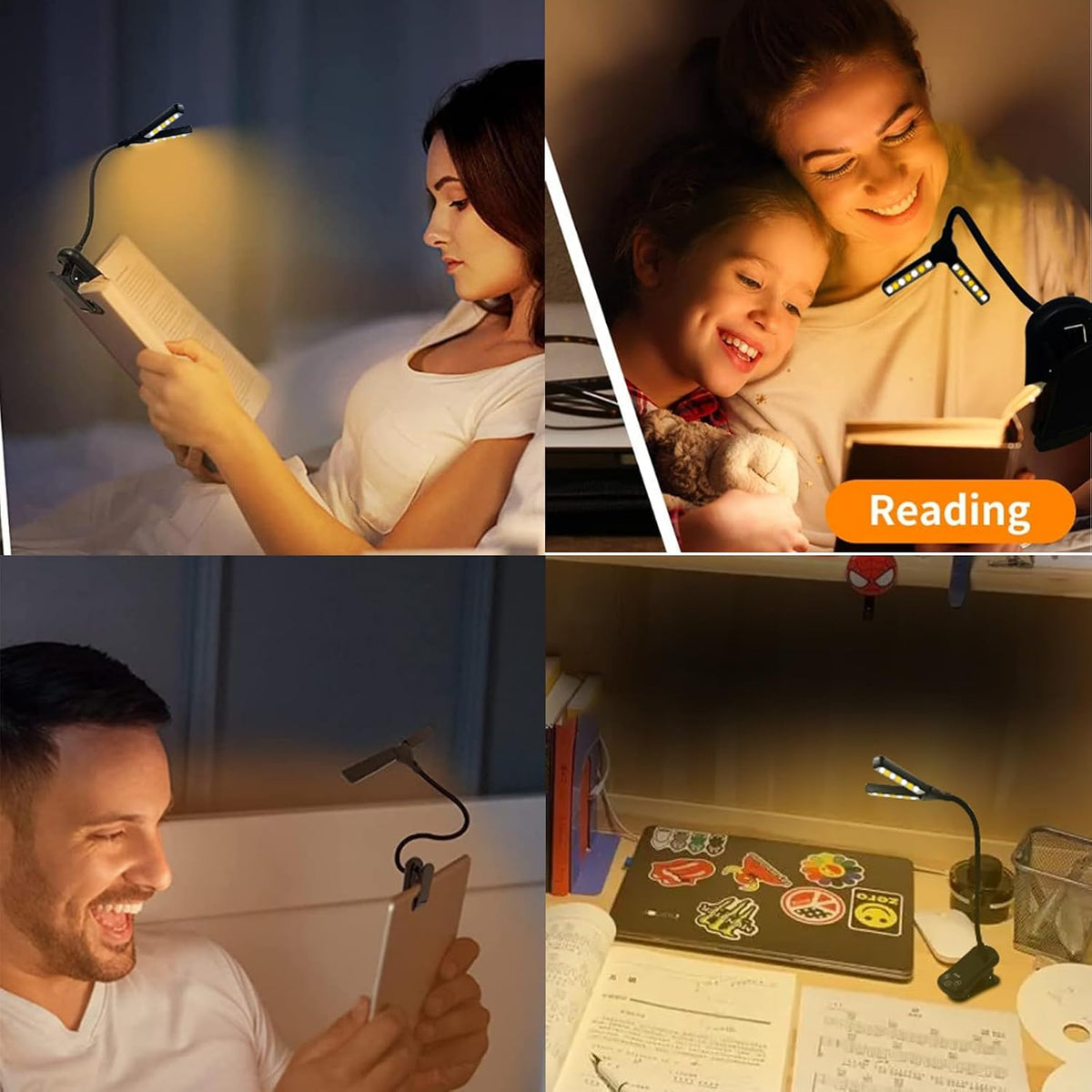 Rechargeable Clip On Book Light, 3 Color Eye-Care LED Reading Light, 360° Rotatable Bed Reading Lamp, USB Rechargeable, Portable Book Light for Kids, Travel & Office