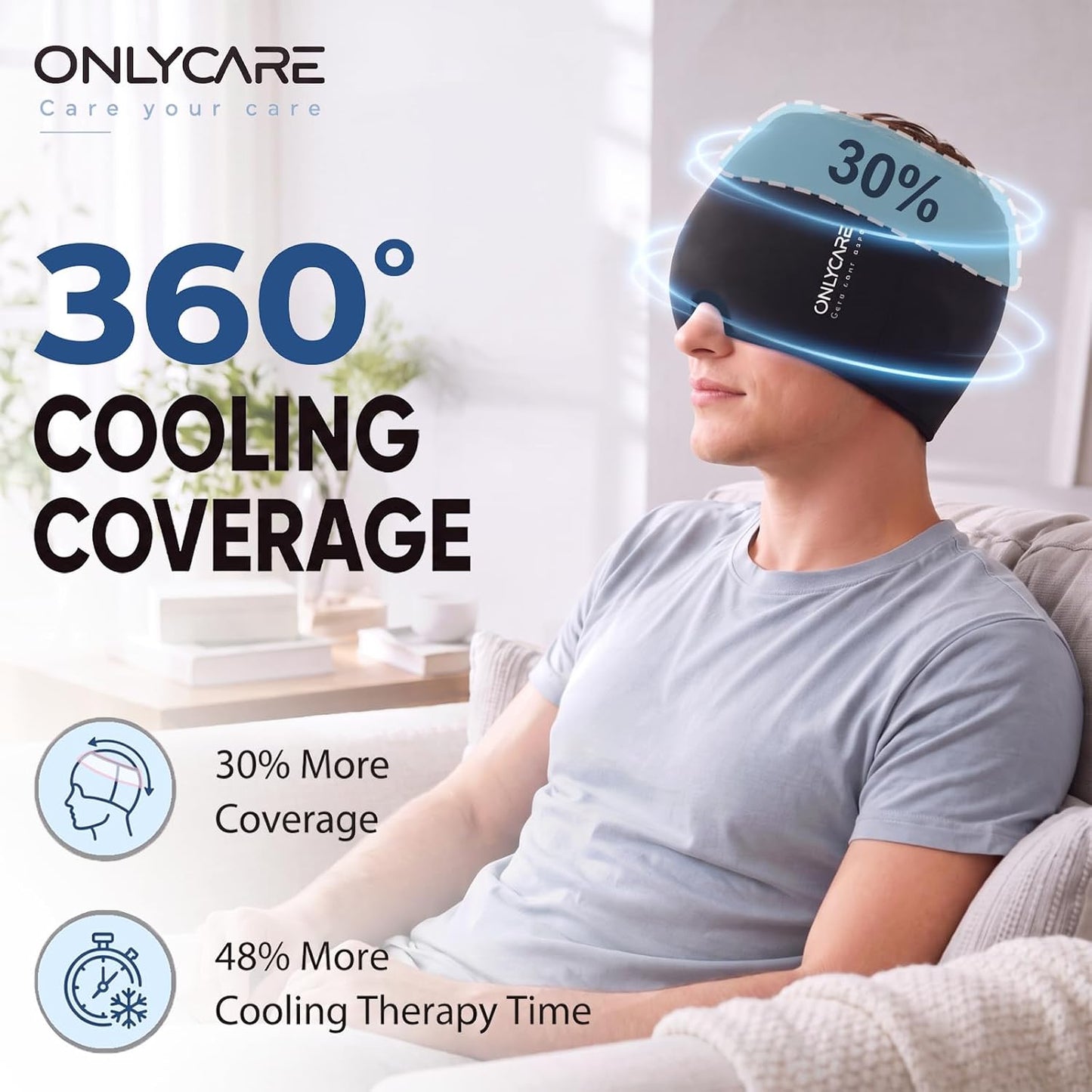 ONLYCARE Migraine Relief Cap, Headache Relief Cold Cap with Odorless Gel | Cooling Hat Head Wrap Soothing Face Ice Pack Mask Products for Tension Stress Hangover & Puffy Eyes, Relaxing Gifts for Women