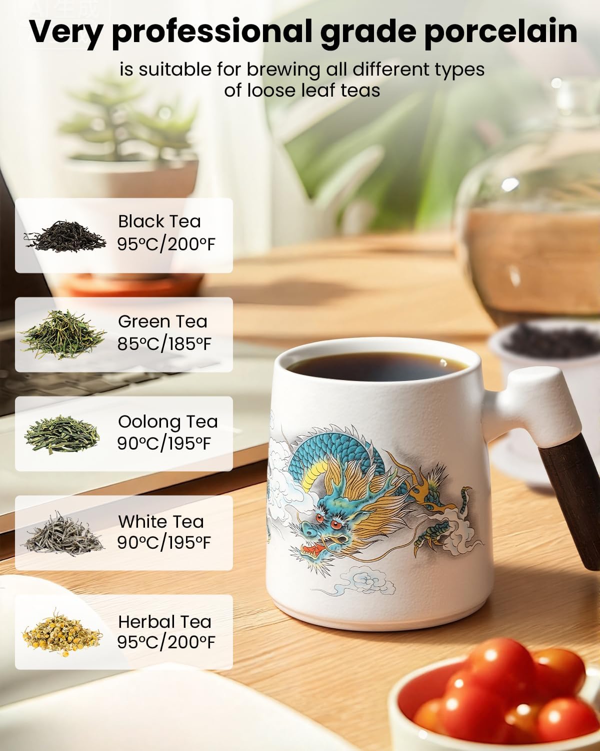 Ceramic Tea Infuser Cup with Lid,Loose Leaf Tea Mug,Dragon | 13.5oz,All Ceramic Infuser,Lead & BPA Free,Heat Resistant Wood Handle,Hand Wash Only,Tea Lovers Gifts