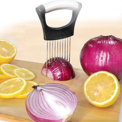 Onion Holder Slicer with Stainless Steel Blades, Vegetable Chopper for Tomato, Potato, Avocado, Lemon, Food Cutting Assistant Tool