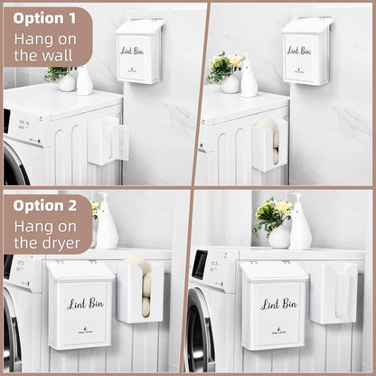 SUBEKYU Magnetic Lint Bin and Dryer Sheet Holder Set for Laundry Room,White | Wall Mounted Metal Lint Box Holder Trash Can,Lint Basket for Laundry Room Organization and Storage Decor