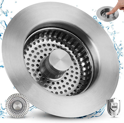 Universal 3 in 1 Kitchen Sink Drain Strainer Stopper Combo, Matte Black | Stainless Steel Shell Pop Up Sink Stopper for US Standard 3-1/2 inch Drain Filter, Anti-Clog and Easy Clean