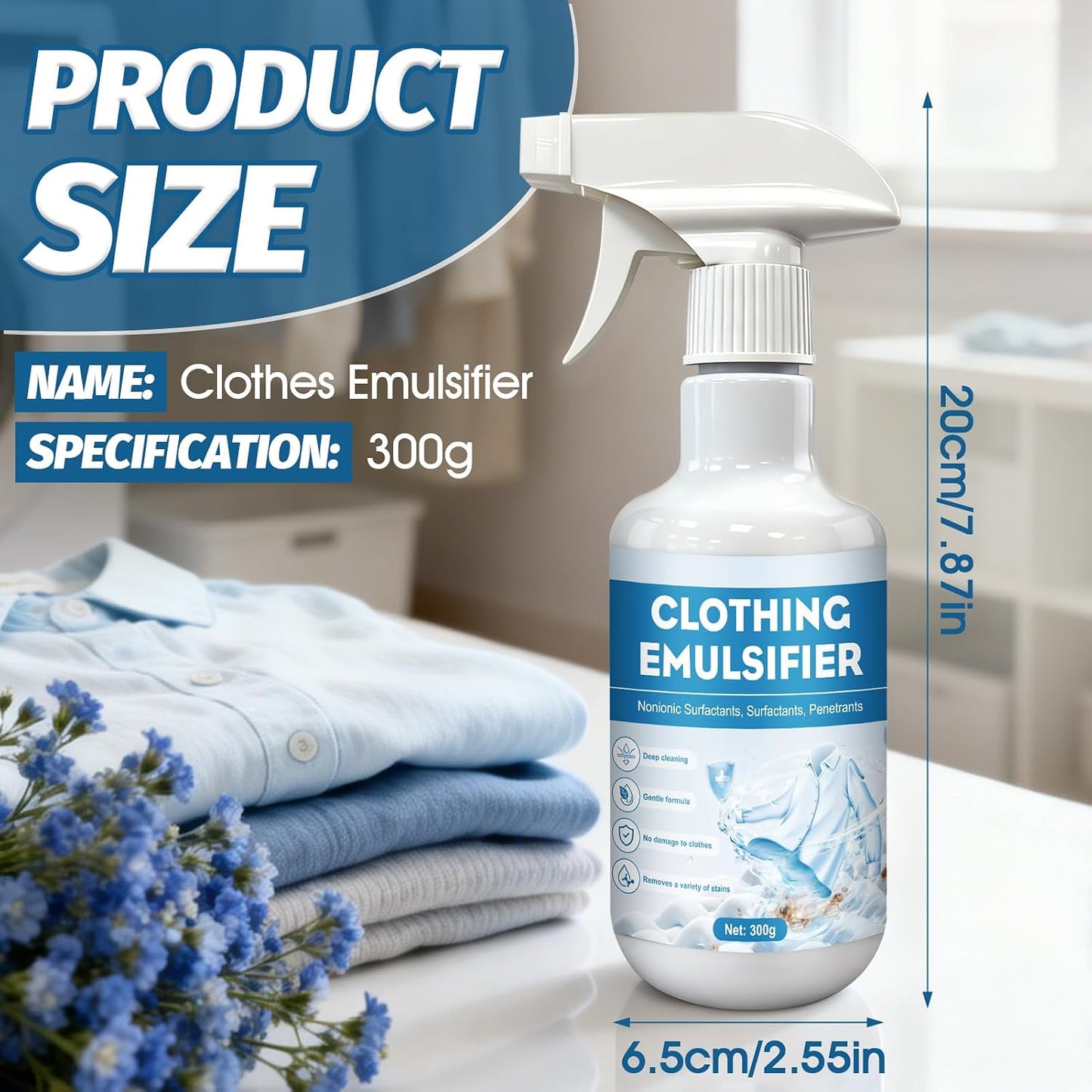 JAOJAO Clothing Emulsifier Stain Remover Spray 300g | For Grease-Prone Kitchen Uniforms, Work Clothes and Daily Washable Laundry Spots