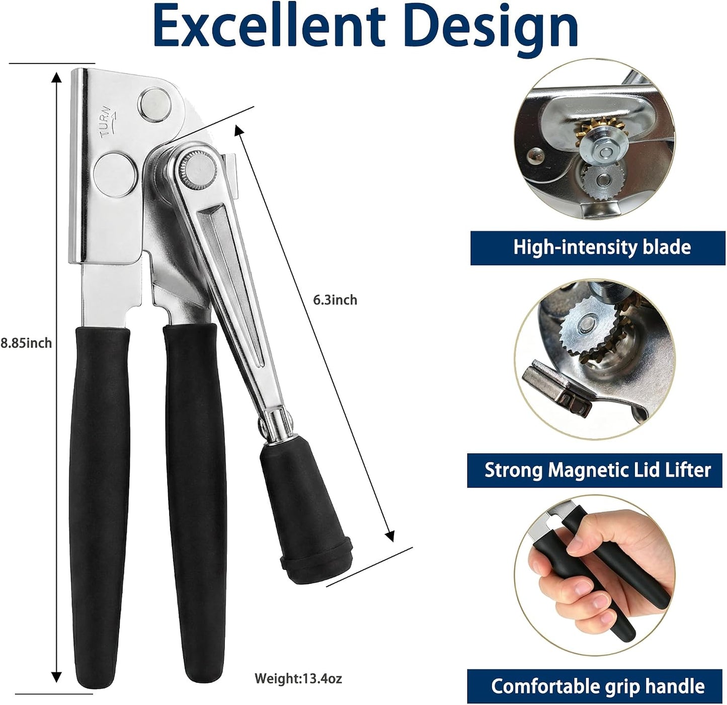 AORRZER® Can Opener Manual with Magnetic Lid Lifter,Can Openers for Seniors | High-Intensity Sharp Steel Blade, Bottle Opener, Comfortable Grip Handle, Kitchen Tools for Home and Commercial (Black)