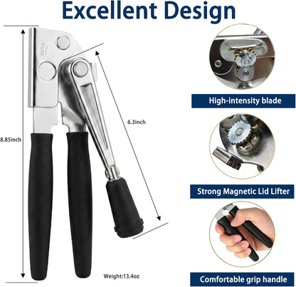 AORRZER® Can Opener Manual with Magnetic Lid Lifter,Can Openers for Seniors | High-Intensity Sharp Steel Blade, Bottle Opener, Comfortable Grip Handle, Kitchen Tools for Home and Commercial (Black)