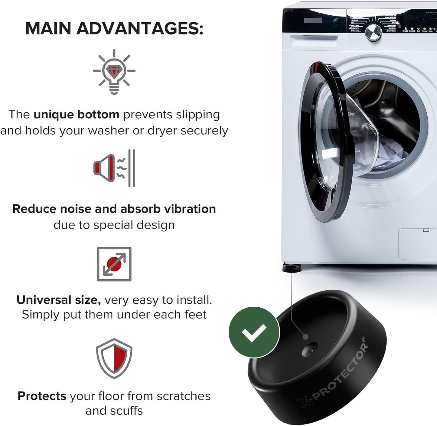 X-Protector Anti Vibration Pads for Washing Machine 4 PCS - Non-Slip Bottom | Premium Anti Vibration Pads for Washer - Washing Machine Anti Vibration Pads - Keep Washing Machine from Moving!