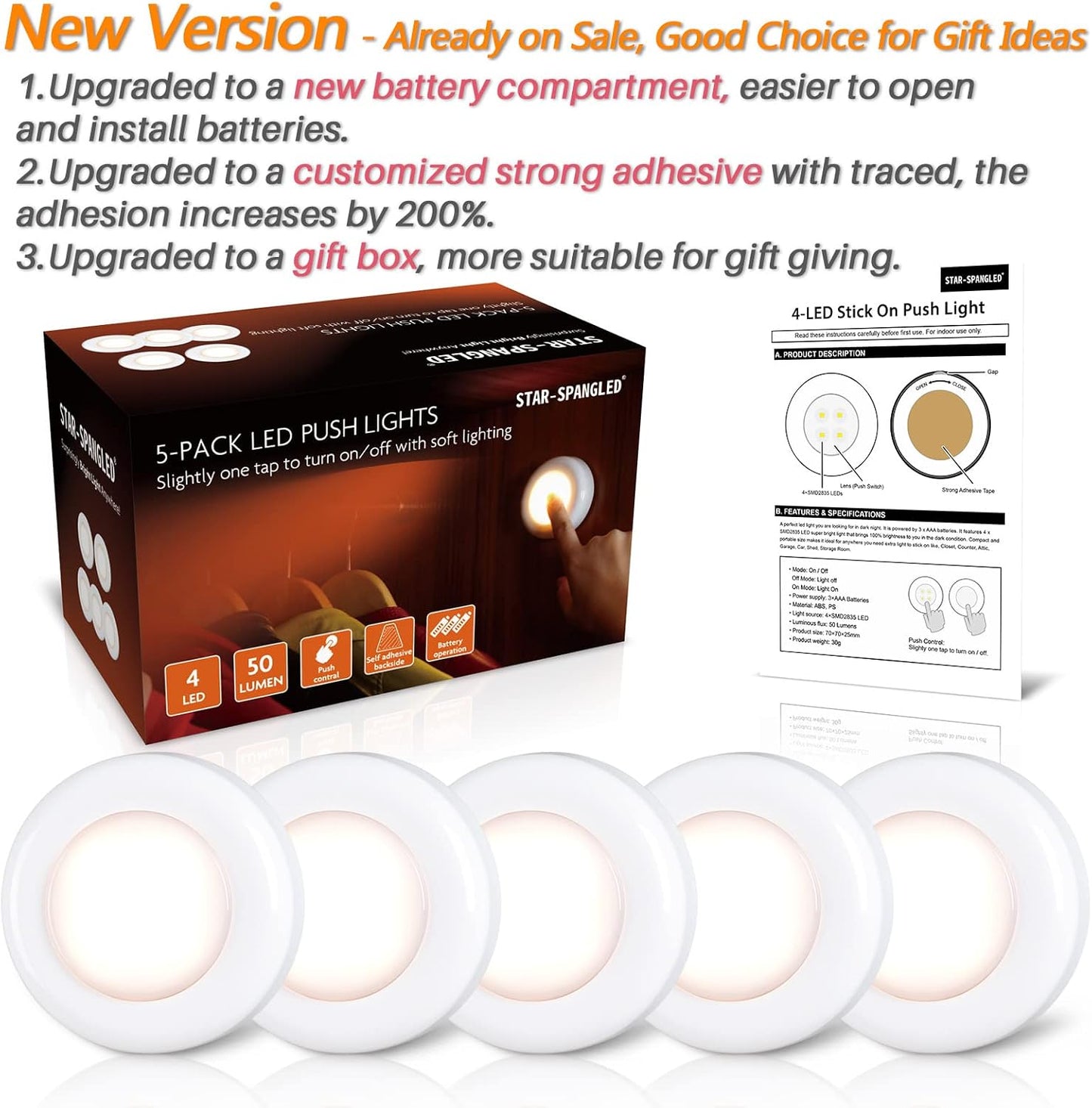 STAR-SPANGLED 2.8” LED Puck Lights Under Cabinet AAA Battery, 5 Pack White | Mini Touch Lamp Battery Operated Powered, DIY Strong Adhesive Stick on Push Tap Light for Kitchen, Closet, Pantry, Shelf