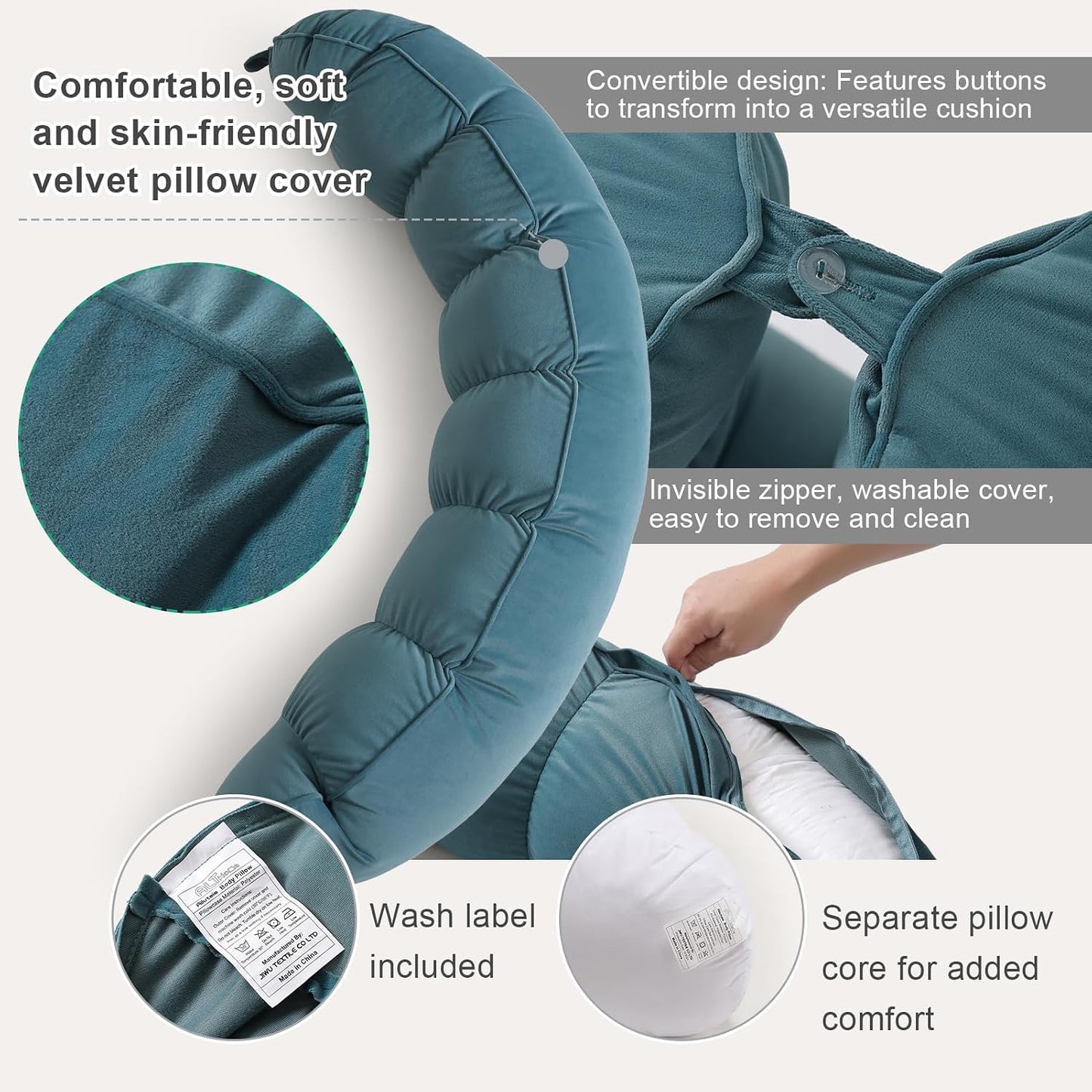 Peallow(Pat. Pend) – Long Round Body Pillow for Adults, Bolster Pillow for Sleeping, Soft and Supportive Pillow for Sleeping & Lumbar Support (Green-White, 29.5")