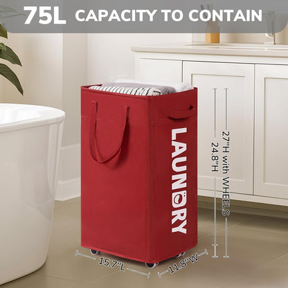 Goodpick 75L Laundry Basket with Wheels & Removable Wash Bag for Dorm | Rolling Laundry Basket with Handles for Dirty Clothes, Fodable Hamper for Laundry Room, Dorm Room Essentials, Grey
