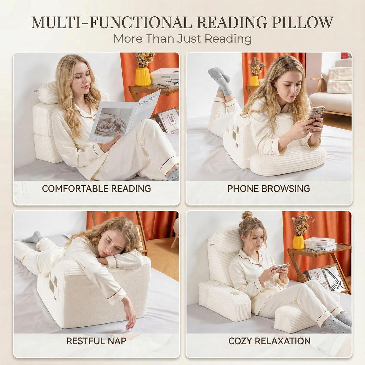 21 INCH Reading Pillow for Adults, Back Pillow for Bed Sitting Up, Backrest Pillow for Sitting in Bed, Detachable Arms with Built-in Cup & Phone Caddy (Gray, 21 INCH)