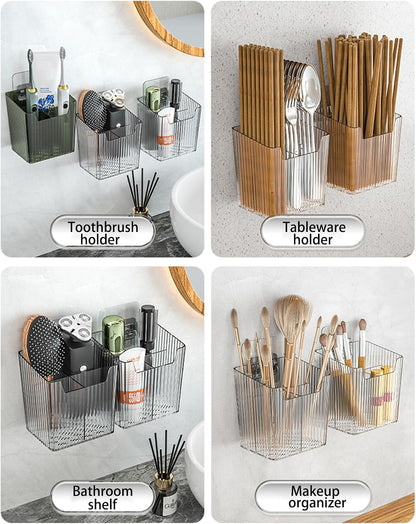Lae Nuvole 2Pcs Storage Organizer Bins, Wall Shower Toothbrush Caddy, Clear | with Dividers & 4 Adhesive Pads, No Drill, Renter Friendly, BPA-Free PET, Fits Bathroom, Apartment, RVs, Cabinet/Pantry Door