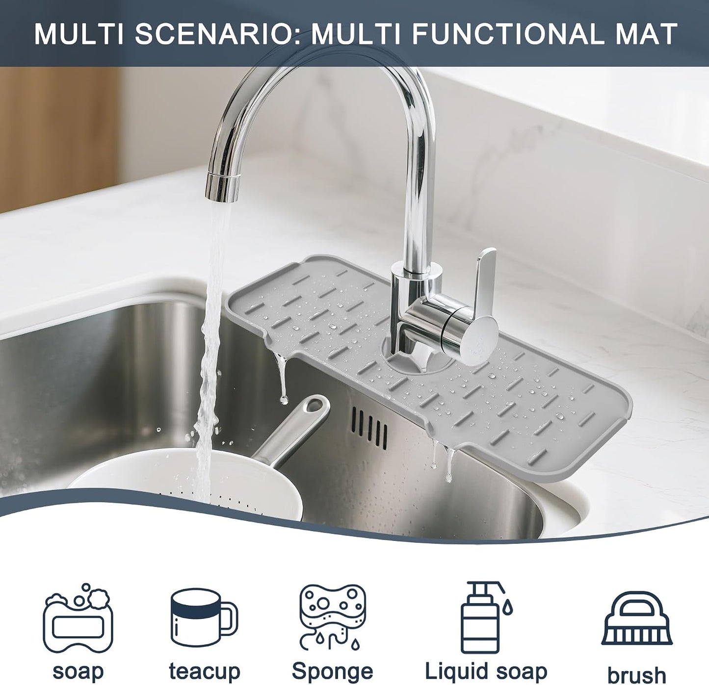 Kitchen Sink Splash Guard Silicone Faucet Mat for Kitchen Sink Grey | Sink drain pad behind faucet, Sink rubber mat around faucet guard & draining mat, bathroom sink protector Water Catcher Mat