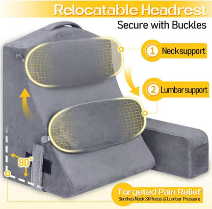 MOON PINE Reading Pillow for Adults, Memory Foam Backrest with Detachable Arms - Bed Pillow for Sitting Up, Built-in Cup Holder & Phone Pocket (Gray, 19 inch)
