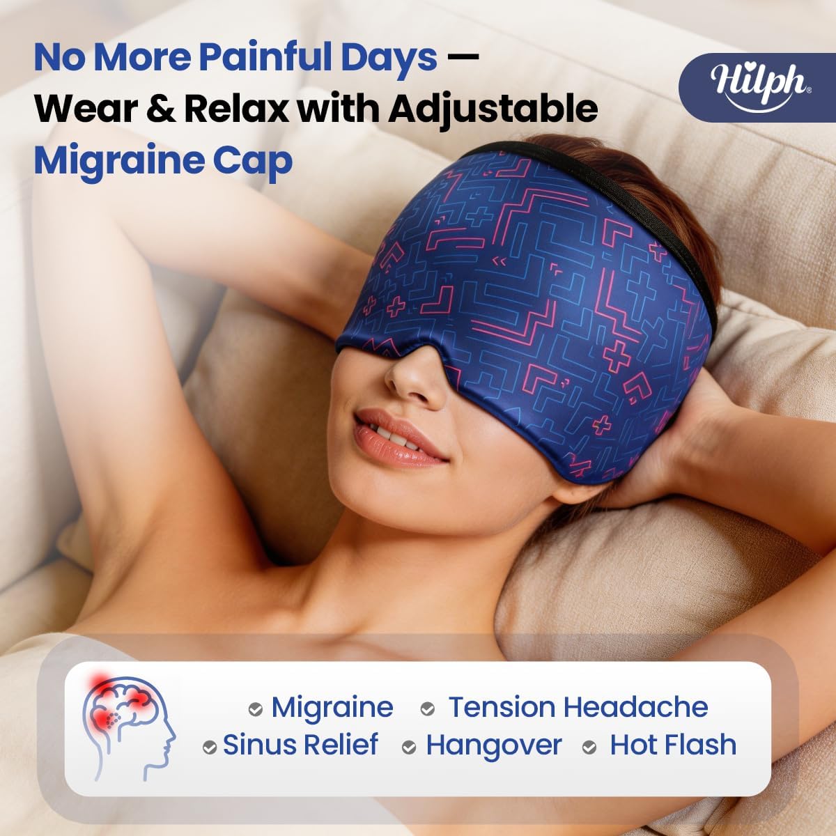 Hilph Adjustable Migraine Relief Cap, Headache Hat with Thickened Gel | Reusable, Flexible Gel, 360° Cold Compression Therapy Wrap for Tension, Stress, Sinus & Hangover Relief, Gift for Women Men